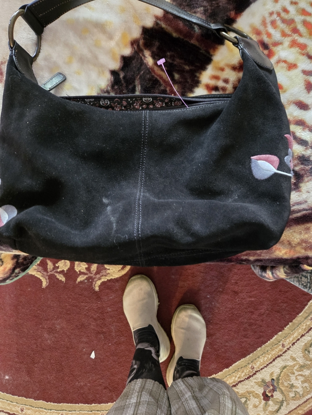 Black Suede Hobo Bag with Pink Accent